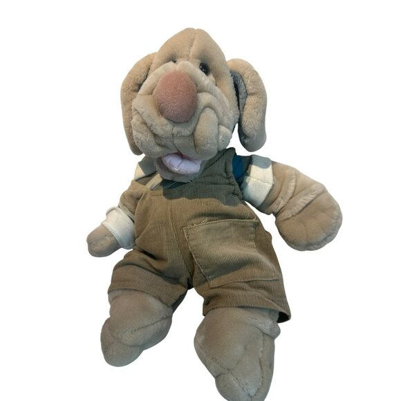 VTG Wrinkles Tan Dog Plush Toy With Brown Corduroy Overalls & Striped Shirt - Picture 1 of 6